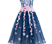 Lesy Luxury Navy Blue Full Length Tulle Dress with Flowers