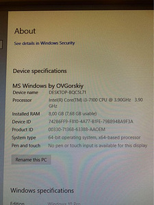 Lauaarvuti Intel i3-7100 3.9 GHz 8GB RAM SSD 250GB (2 foto / 2)