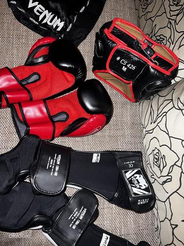 Щитки, шлем, перчатки, сумка и шорты для боевых искусств (фото #2)