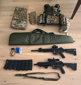 Airsoft varustus - relvad, plaadikandja, püksid, nodi