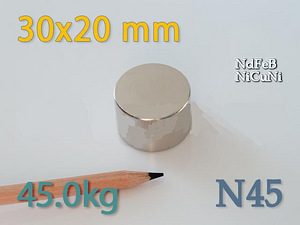 Неодимовый магнит диск 30*20mm сила 45kg