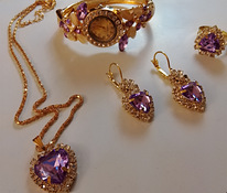 Juhla koru setti ja rannekello lila kristalli lasi helmillä