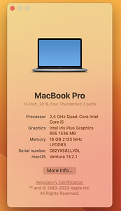 MacBook Pro 2019 13" 4xUSB-C - Core i5 2.4GHz / 16GB / 256GB (5 foto / 6)