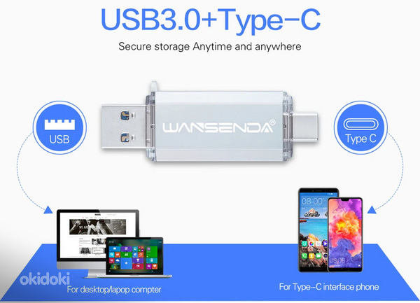 Флешки новые 2-в-1 дизайн, USB 3,0 + USB Type C OTG (фото #1)