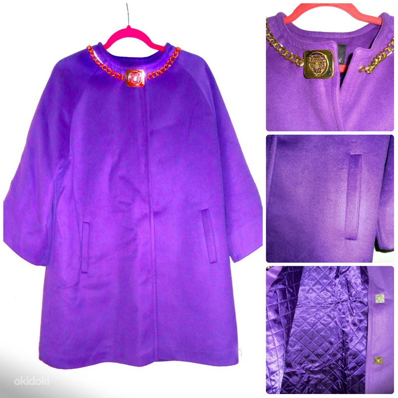 Шикарное яркое лиловое шерстяное пальто, EU42-L-XL, новое (фото #2)