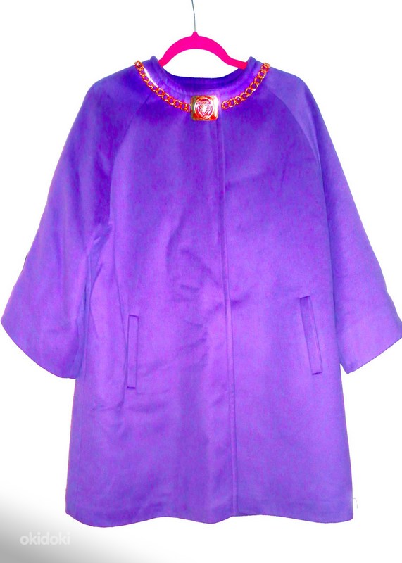 Шикарное яркое лиловое шерстяное пальто, EU42-L-XL, новое (фото #3)