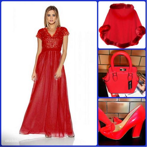 Ярко-красное шифоновое длинное вечернее платье, 40- 42-UK14 (фото #2)