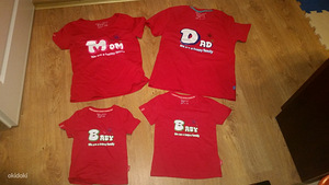 Мама, папа, ребенок + детские футболки красные