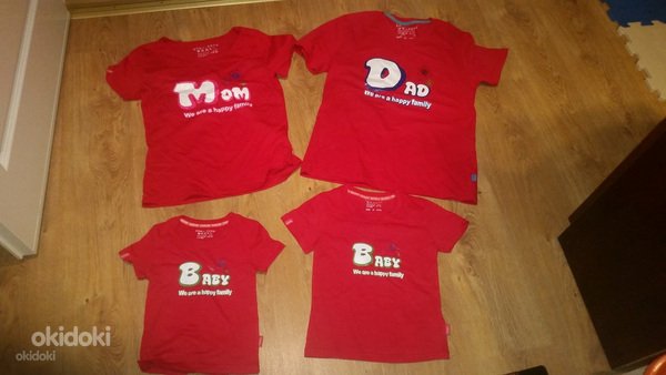 Мама, папа, ребенок + детские футболки красные (фото #1)