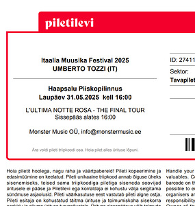2 piletit Itaalia Muusika Festival 2025 UMBERTO TOZZI (IT) (1 foto / 1)