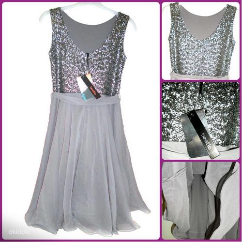 Cеребристо-серое шифон-пайетки нарядное платье, XS, новое (фото #10)