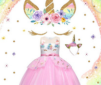 Uus Unicorn roosa printsessi kleit (134/140) + peavõru