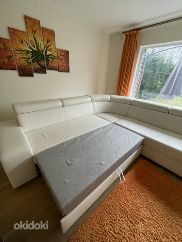 Угловой диван и кровать белая экокожа с ящиком (фото #2)