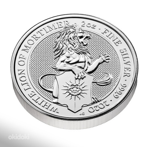 Серебряная монета 2 унции 2020 года, Белый лев Мортимера, Зверь королевы (фото #3)