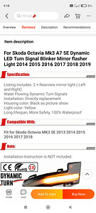 Škoda Octavia 2013-2018 LED dünaamilised suunatuled peeglis (3 foto / 6)