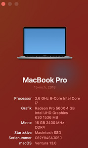 MacBook Pro 15″ (2018) 2.6GHZ i7 / 16GB / 512GB (5 foto / 5)
