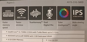 Aspire 5 I5-7200u Turbo Nvidia 940MX 8GB DDR4 (3 foto / 3)