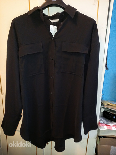 Блузка черная длинная с длинными рукавами, карманами (фото #1)