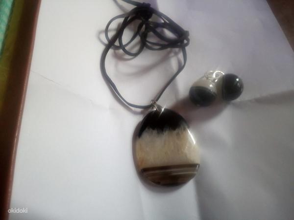 Кулон+серьги натуральный камень черный агат (фото #1)
