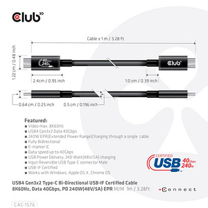 USB-C kaabel 8K60Hz / 40Gbps / 240W, 1m (2 foto / 5)