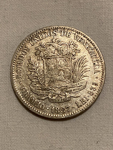 Venezuela 2 bolívares 1887 hõbe 835 (1 foto / 2)