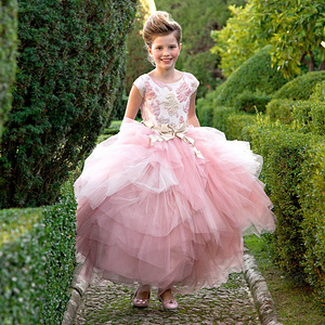 Lesy Luxury Jacquard Flower Girls Pink-Gold Long Tulle Dress (3 foto / 5)