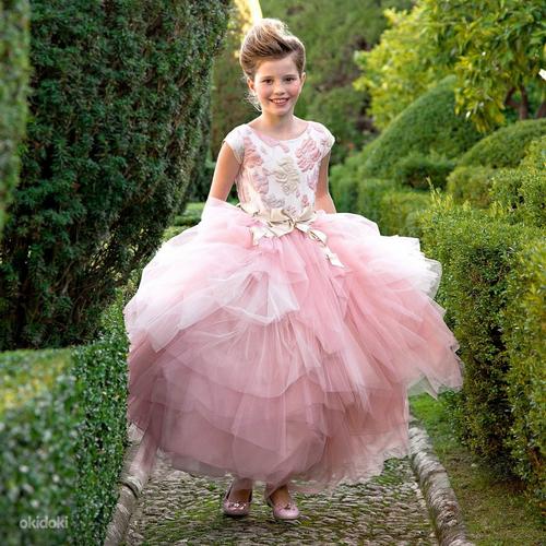 Lesy Luxury Jacquard Flower Girls Pink-Gold Long Tulle Dress (foto #3)