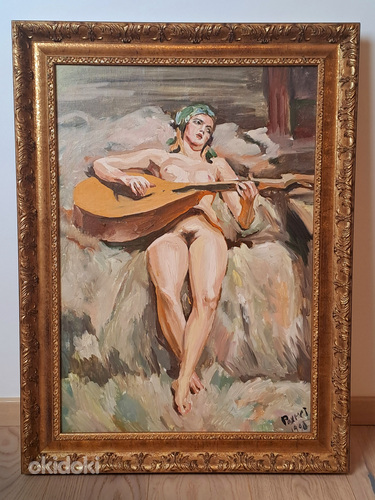 Akt mandoliiniga. Õlimaal lõuendil, raamitud, 1990